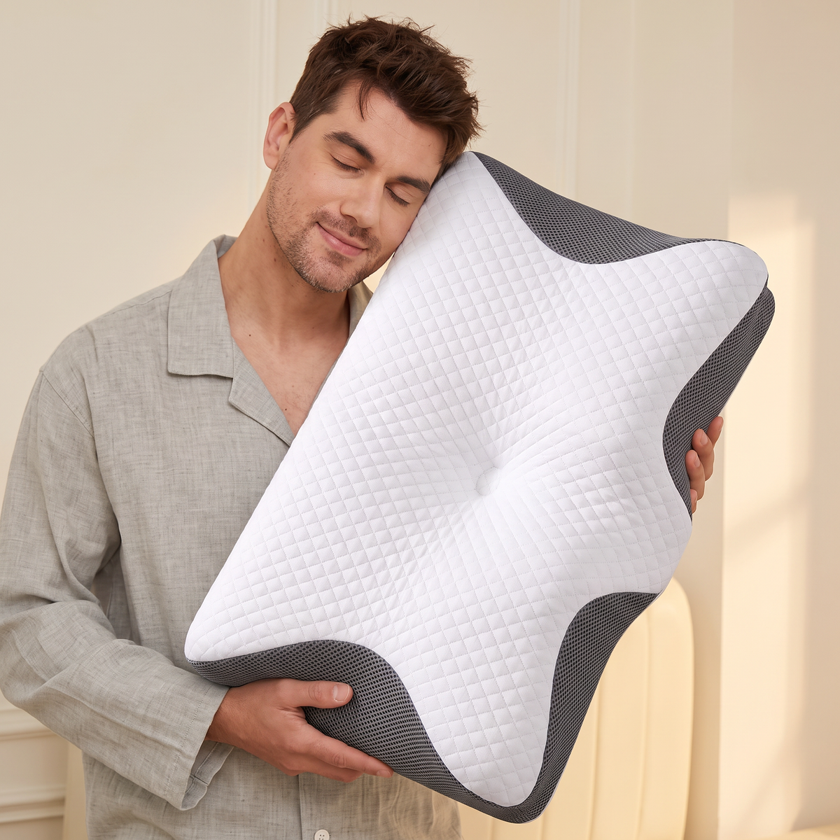 Person holding the white quilted Amity pillow with charcoal mesh sides