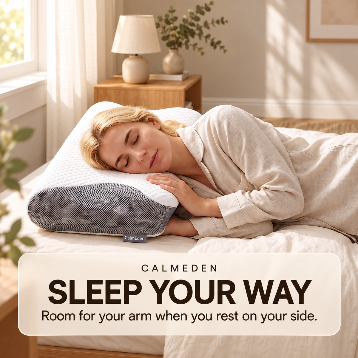 Side sleeper resting on the Amity pillow with room for her arm
