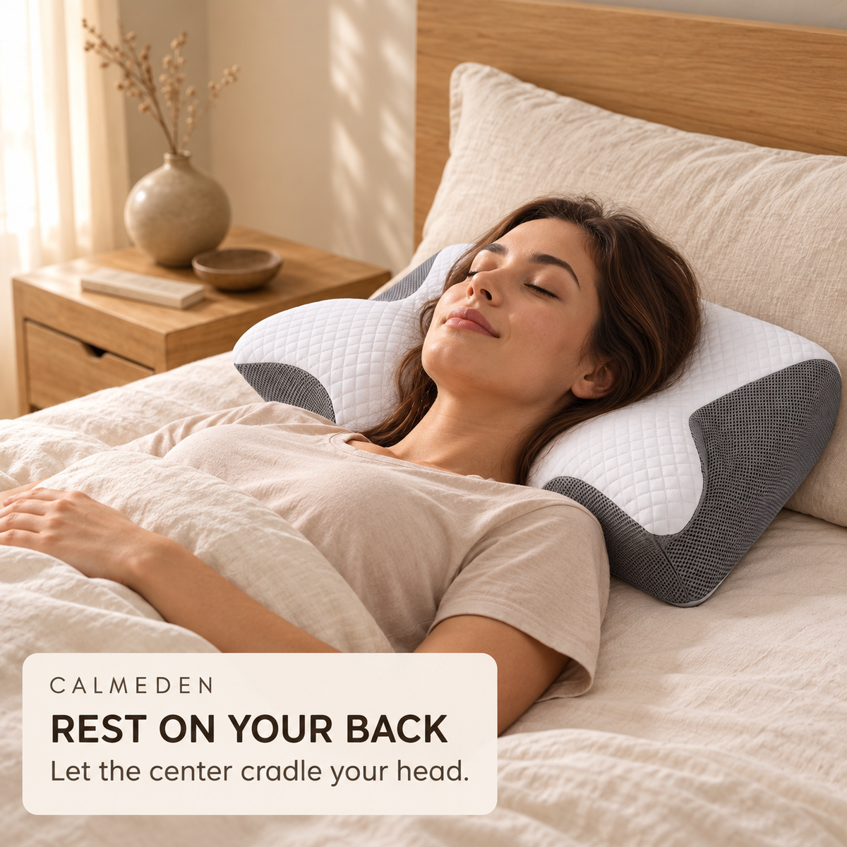 Back sleeper resting in the Amity pillow center cradle