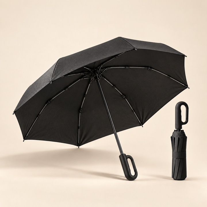 Black Haven umbrella open and folded, showing the black-lined canopy and swivel carabiner loop handle