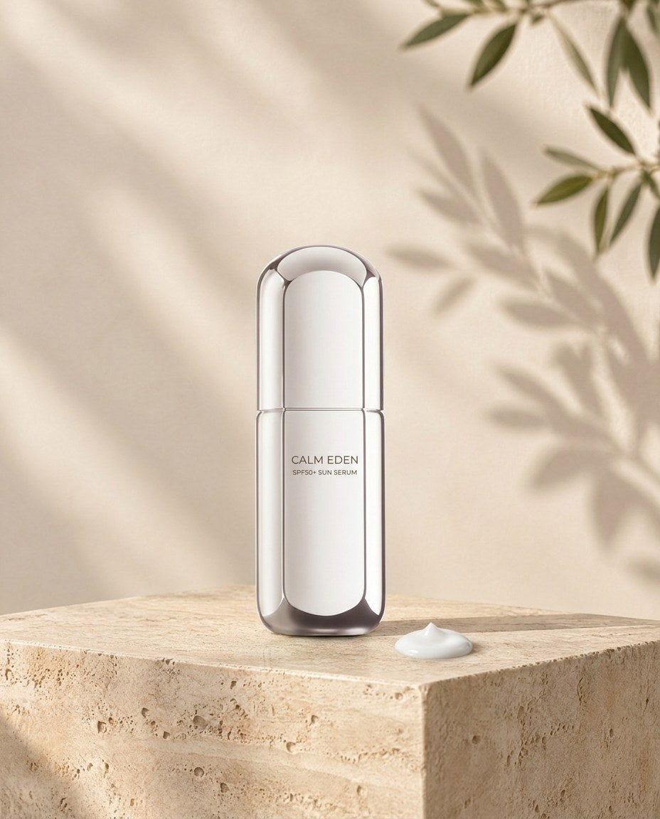 Haven SPF50+ Sun Serum on a travertine plinth
