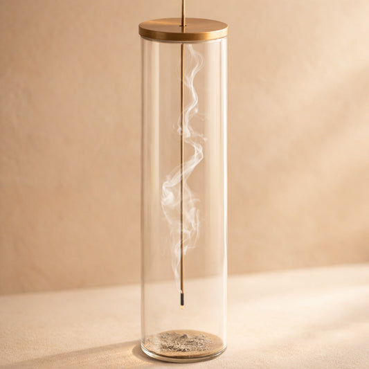 Chimney Incense Burner glass tube with brass lid on warm cream plaster