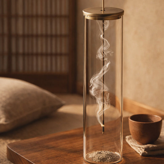 Chimney Incense Burner on a walnut tea table in a Japandi room at dawn