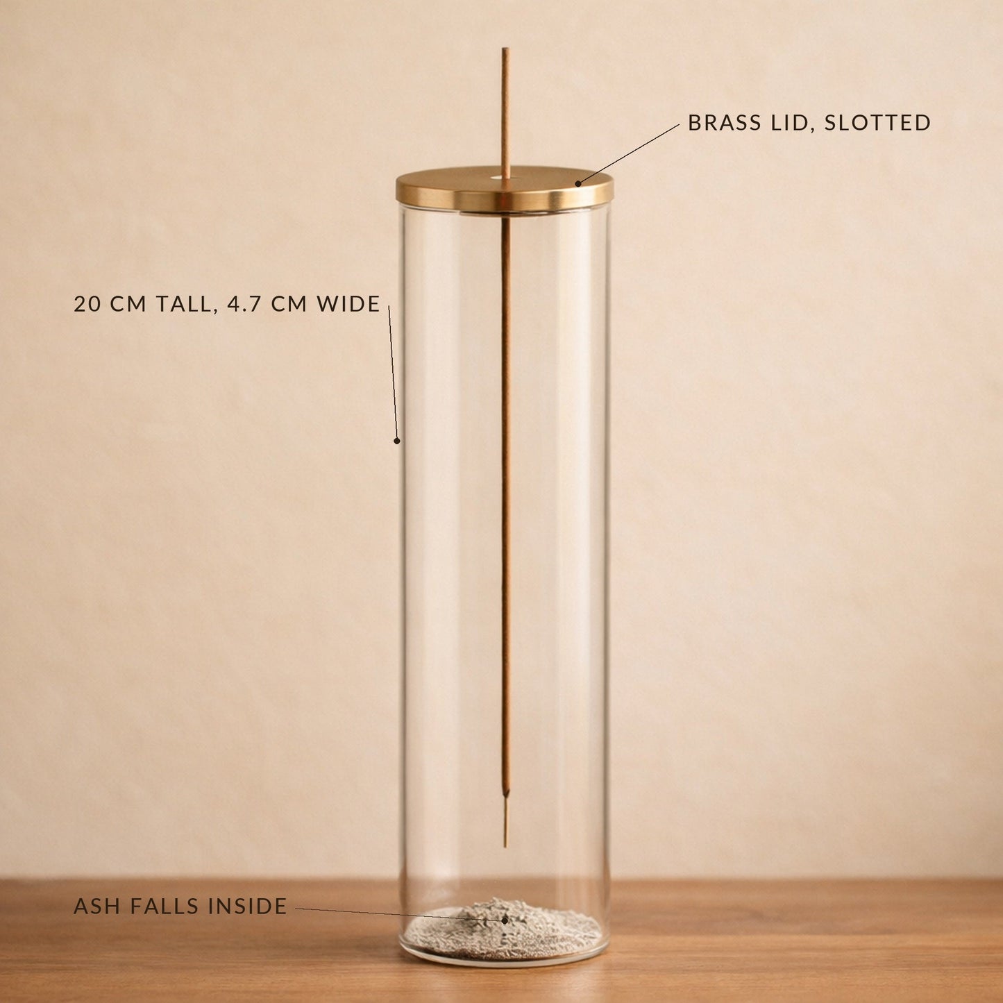 Chimney Incense Burner detail: slotted brass lid, 20 cm tall, ash falls inside