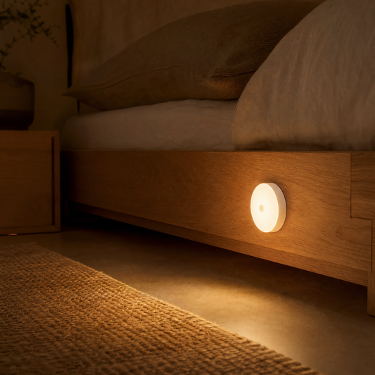 Halo mounted low on an oak bed frame lighting a night path