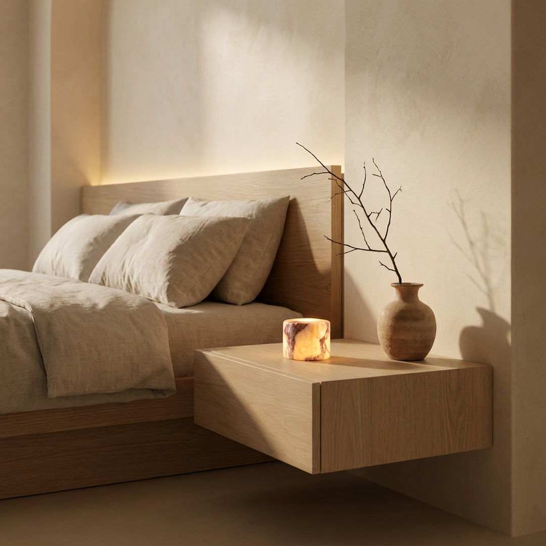 Aura™ Marble Tap Light glowing on a floating oak nightstand in a warm Japandi bedroom
