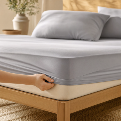 Hand stretching the deep-pocket fitted sheet over a mattress