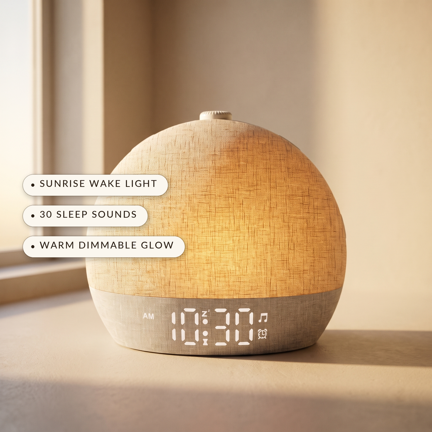 Dawn™ benefits: sunrise wake light, 30 sleep sounds, warm dimmable glow