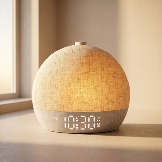 Dawn™ sunrise alarm clock glowing warm on a cream plaster surface