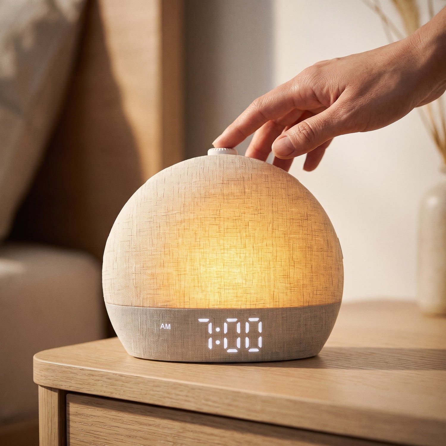 Hand tapping the snooze button on the Dawn™ sunrise alarm clock at 7 AM