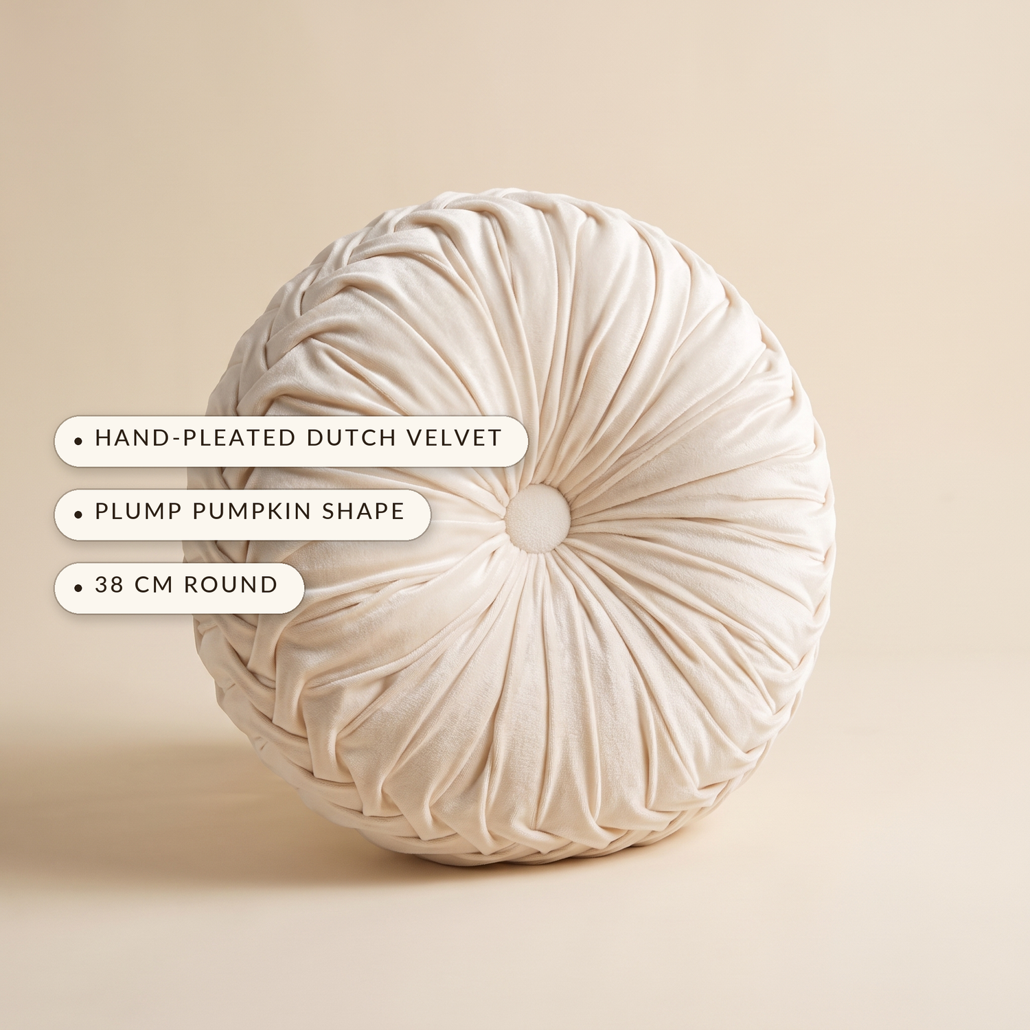 Dahlia™ Velvet Round Cushion — hand-pleated Dutch velvet, plump pumpkin shape, 38 cm round