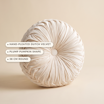 Dahlia™ Velvet Round Cushion — hand-pleated Dutch velvet, plump pumpkin shape, 38 cm round