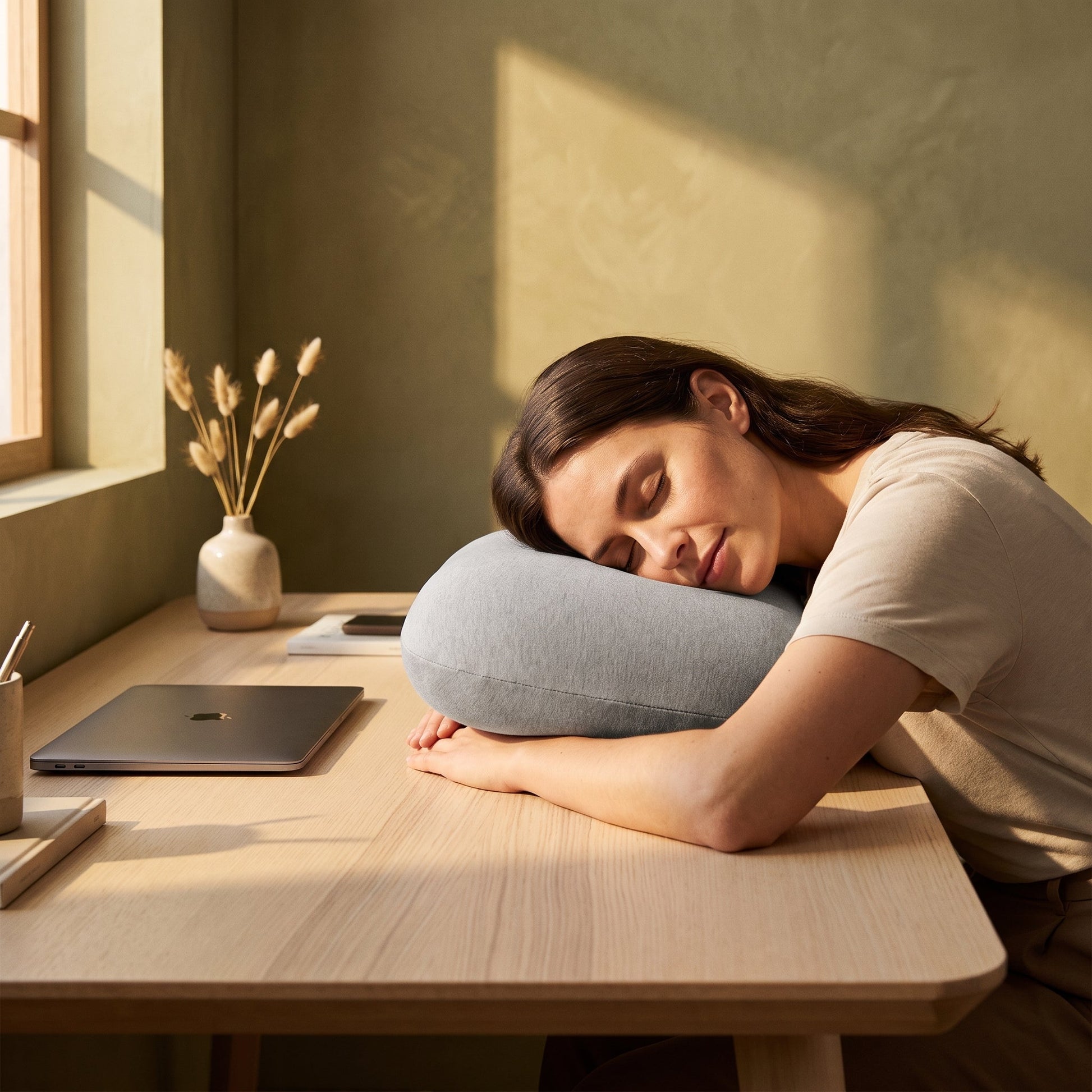 Midday desk nap on the Doze™ Desk Nap Pillow