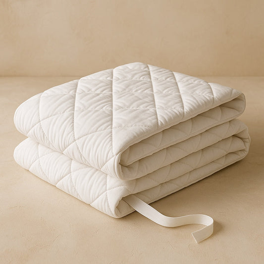 Veil white quilted mattress protector folded on warm limewash plaster