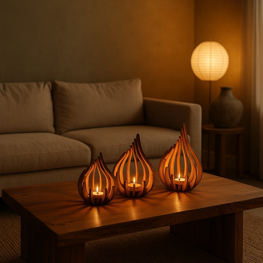 Flare trio glowing on a live-edge coffee table in a Japandi living room