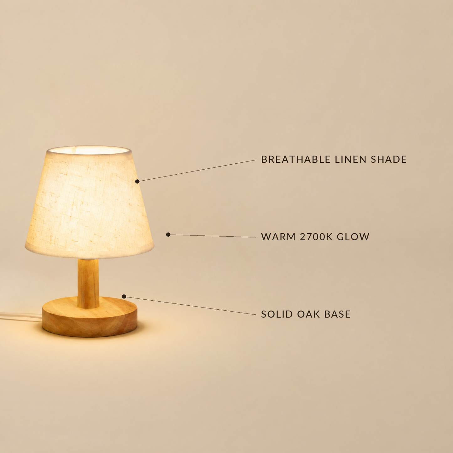Glow lamp callout: breathable linen shade, warm 2700K glow, solid oak base