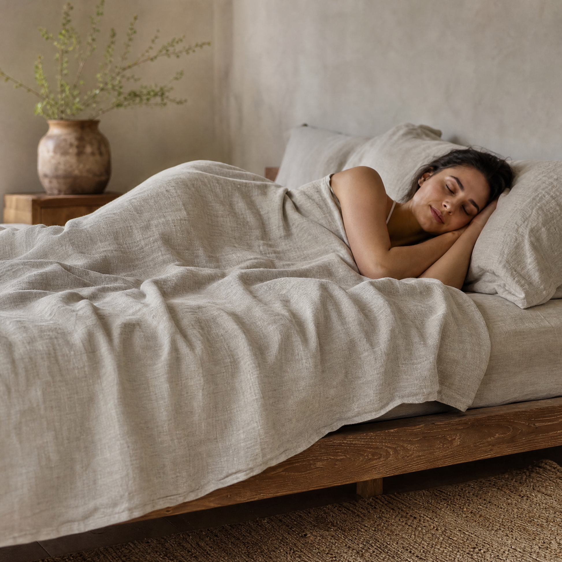 Sleeping comfortably under the breathable Flax oat linen sheet