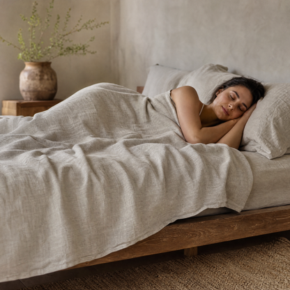 Sleeping comfortably under the breathable Flax oat linen sheet