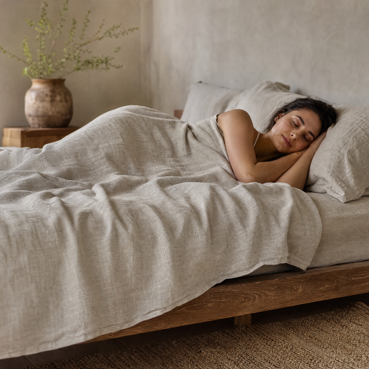 Sleeping comfortably under the breathable Flax oat linen sheet