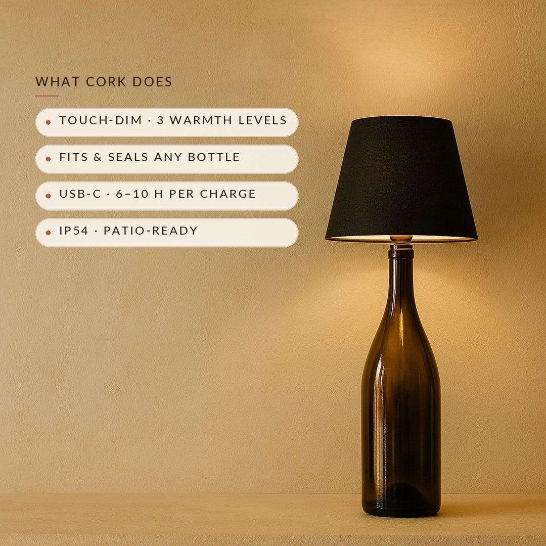 What Cork does: touch-dim, fits any bottle, USB-C, IP54