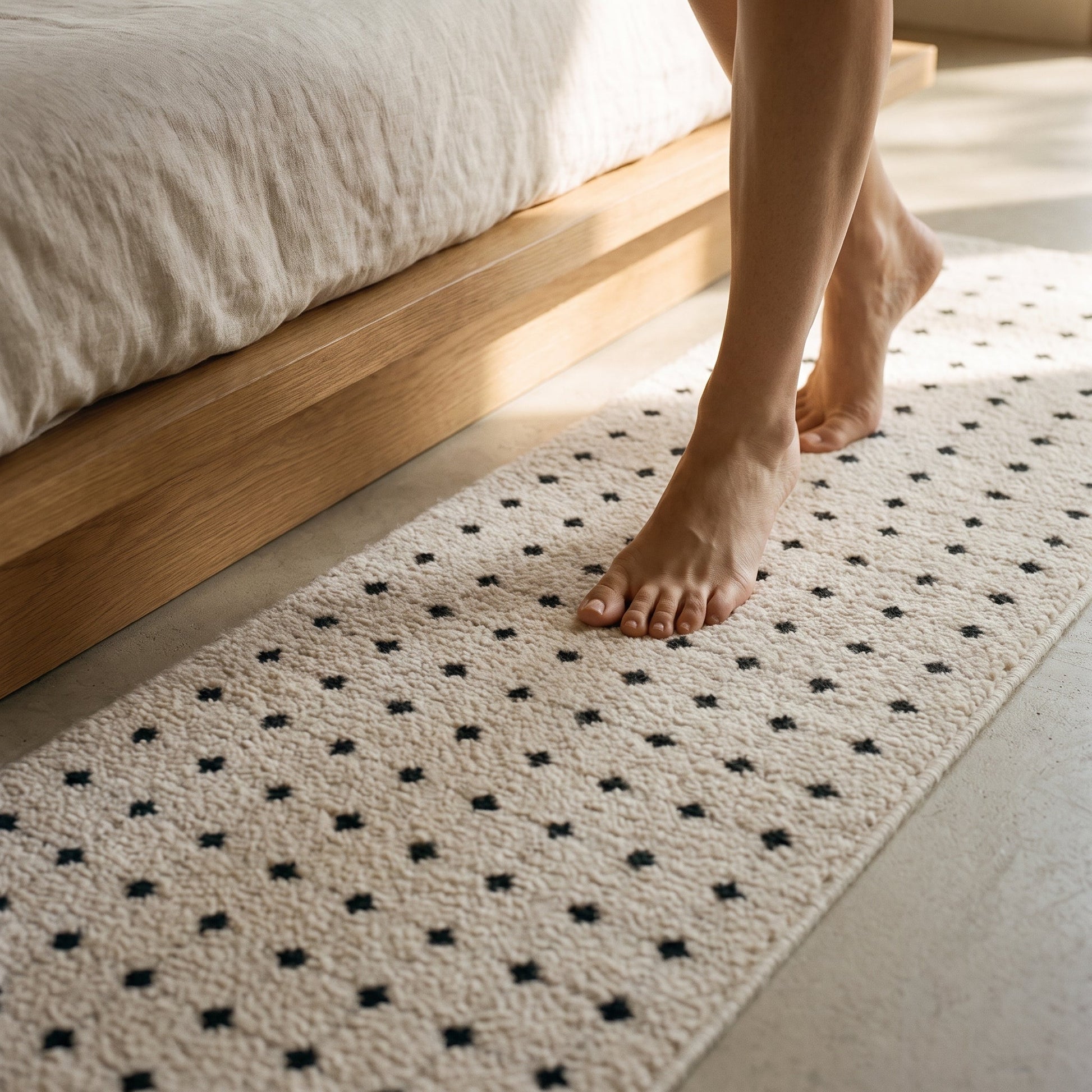 Bare feet stepping onto the Dot Loom™ Bedside Runner