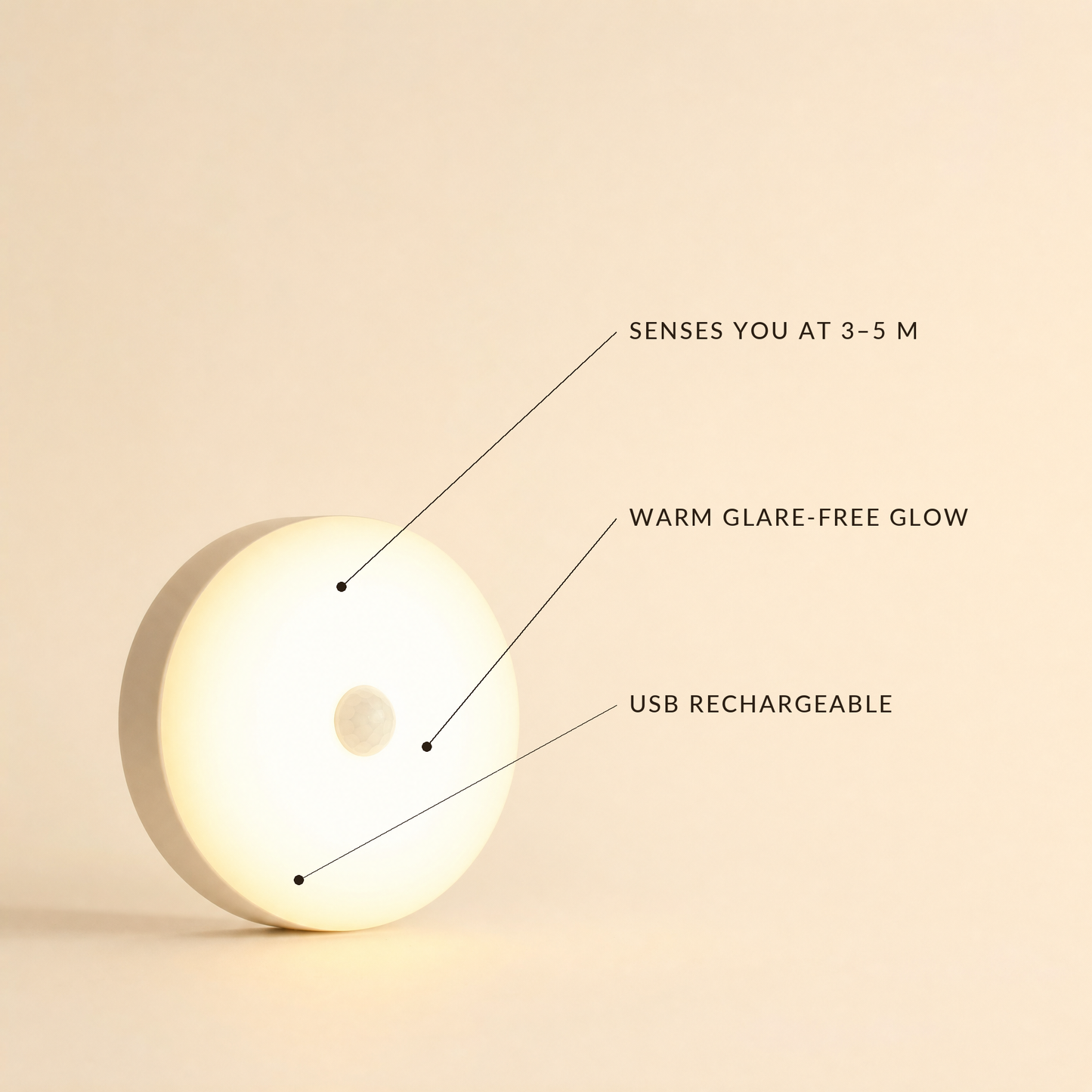 Halo callout: senses you at 3-5 m, warm glare-free glow, USB rechargeable