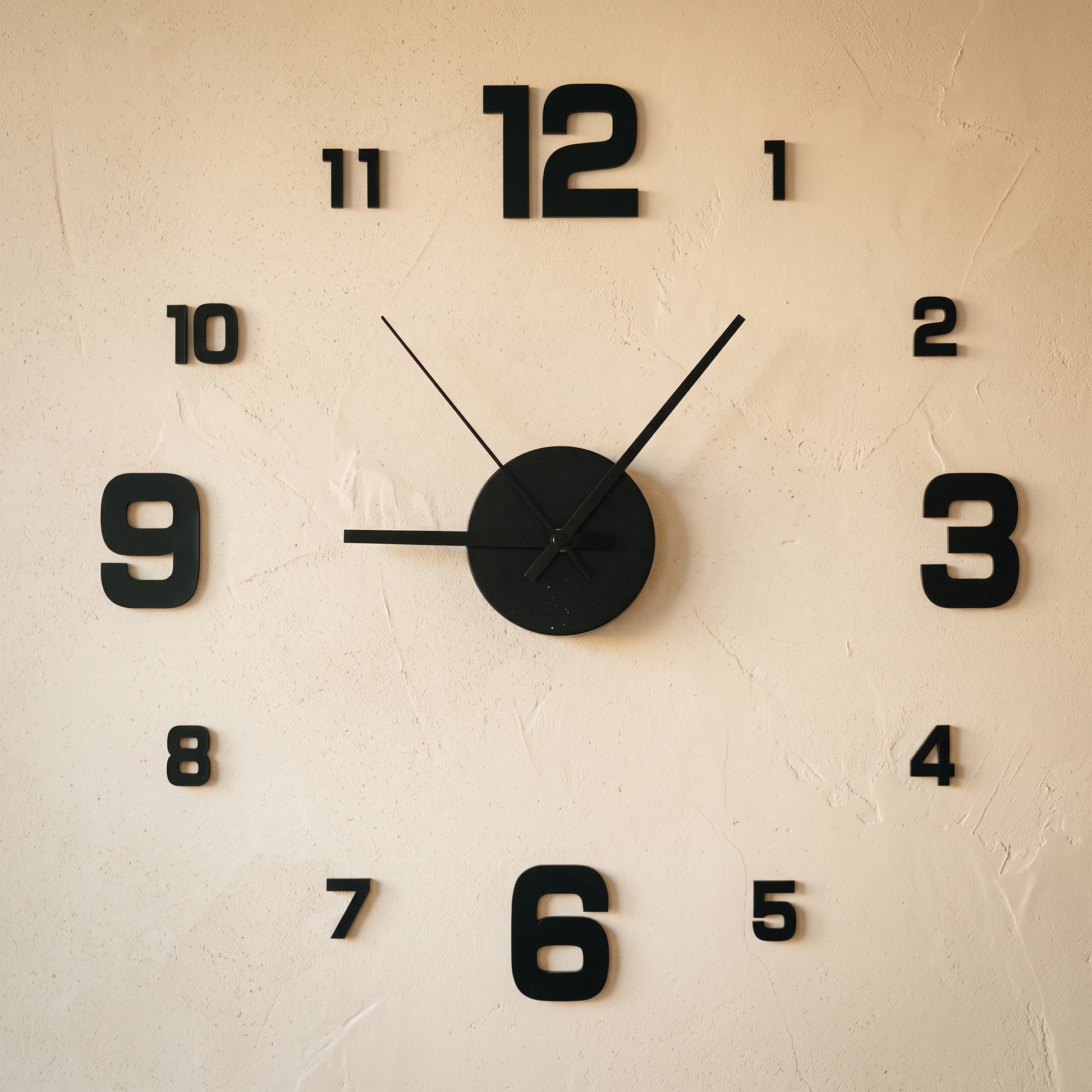 Float Clock frameless stick-on numerals and hub applied to a warm cream limewash wall