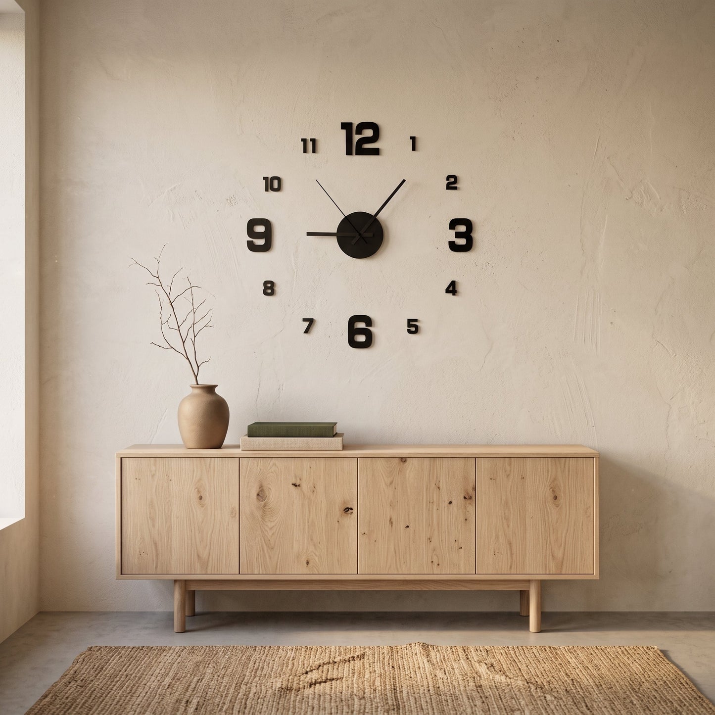 Float Clock on the wall above a pale oak sideboard in a warm Japandi room