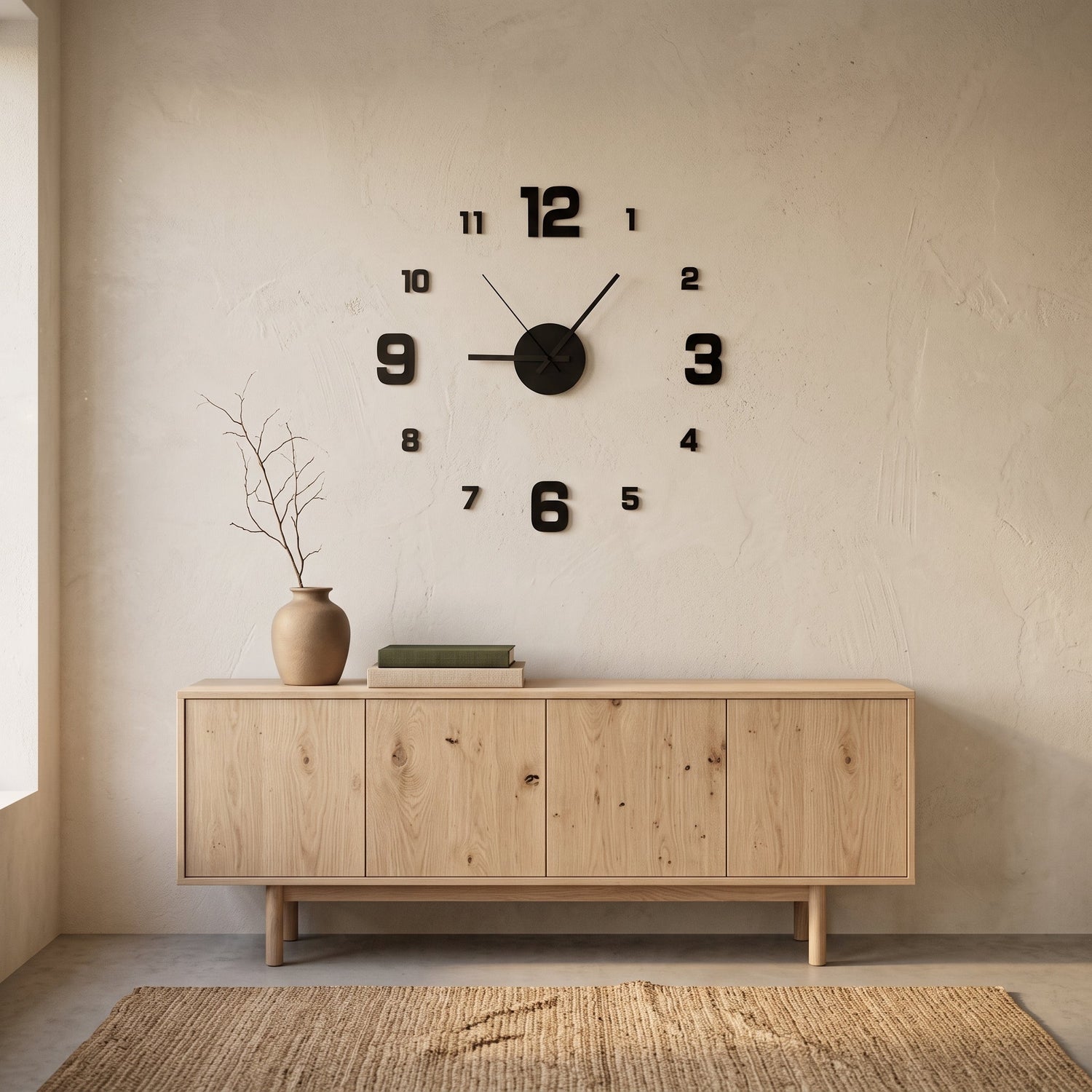 Float Clock on the wall above a pale oak sideboard in a warm Japandi room
