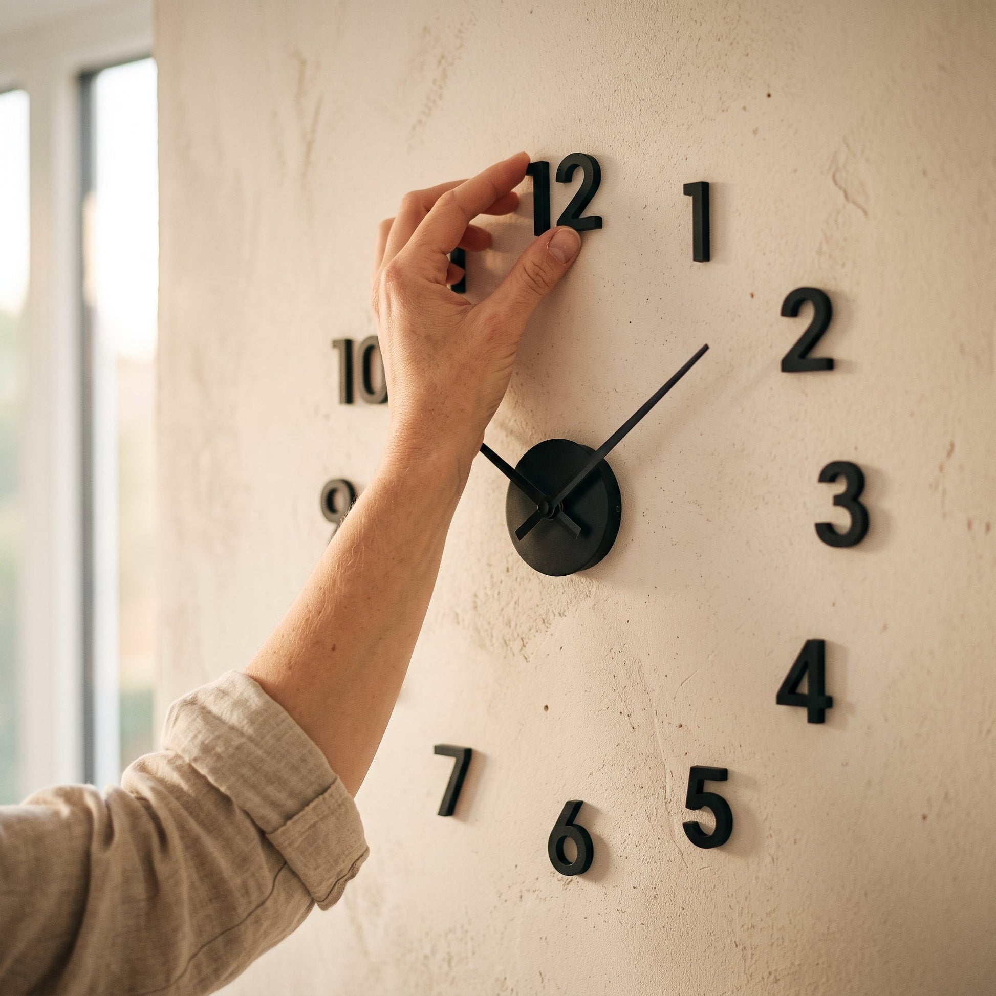 A hand pressing the numeral 12 onto a plaster wall while fitting the Float Clock