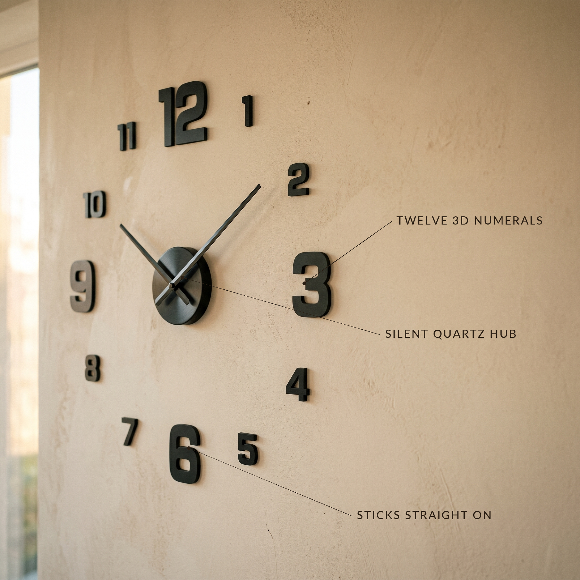 Float Clock labelled with twelve 3D numerals, silent quartz hub and stick-on fixing