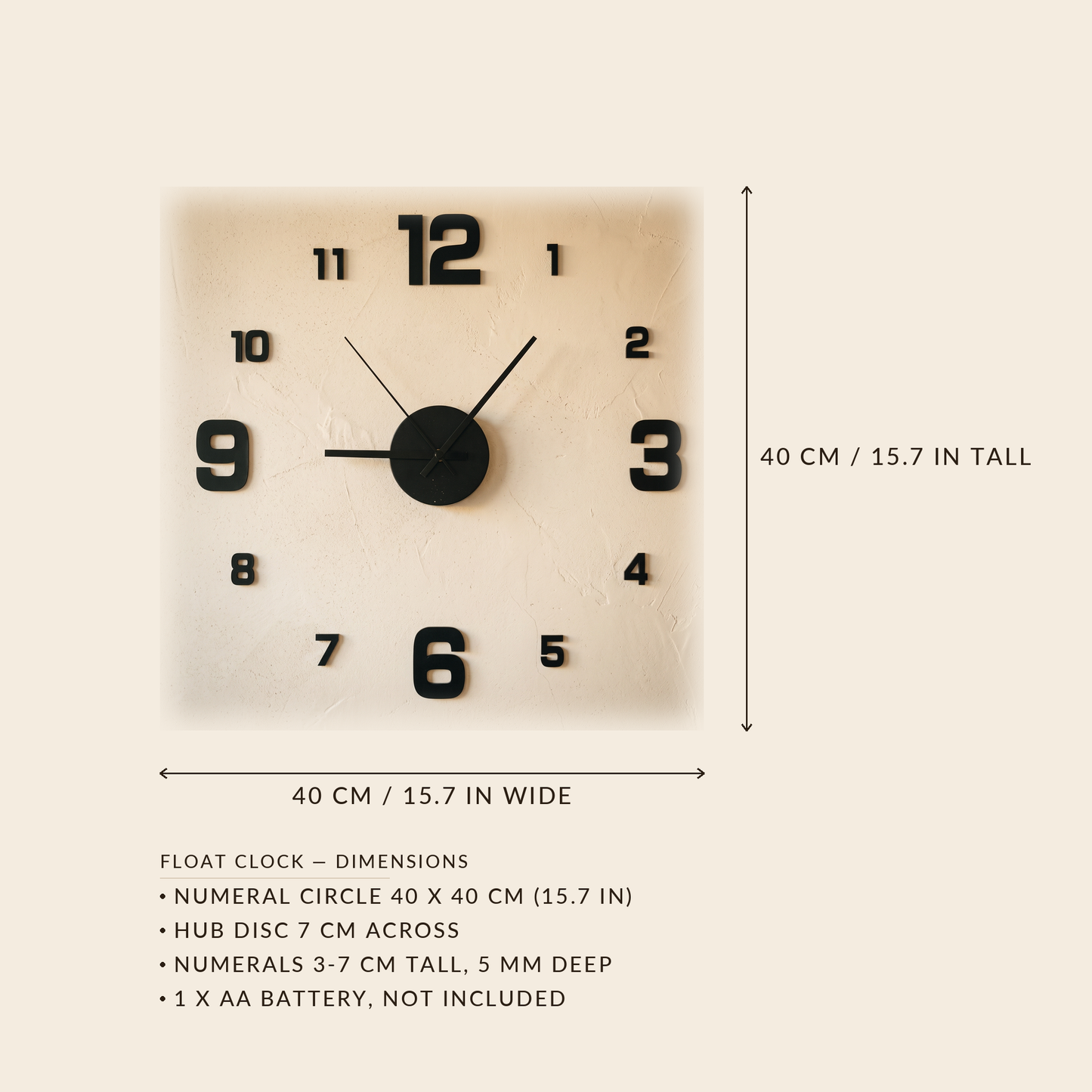 Float Clock dimensions: numeral circle 40 by 40 cm, hub 7 cm, numerals 3 to 7 cm tall