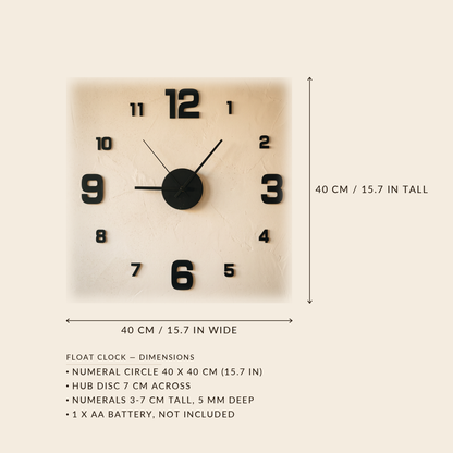 Float Clock dimensions: numeral circle 40 by 40 cm, hub 7 cm, numerals 3 to 7 cm tall