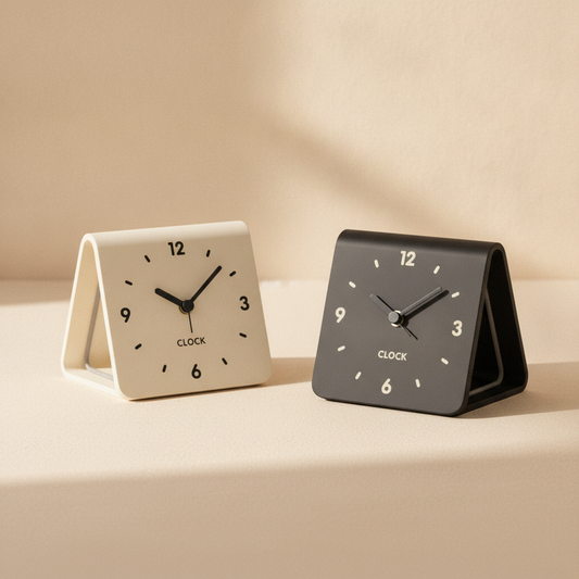 Fold™ desk clocks in cream and charcoal on a warm cream surface