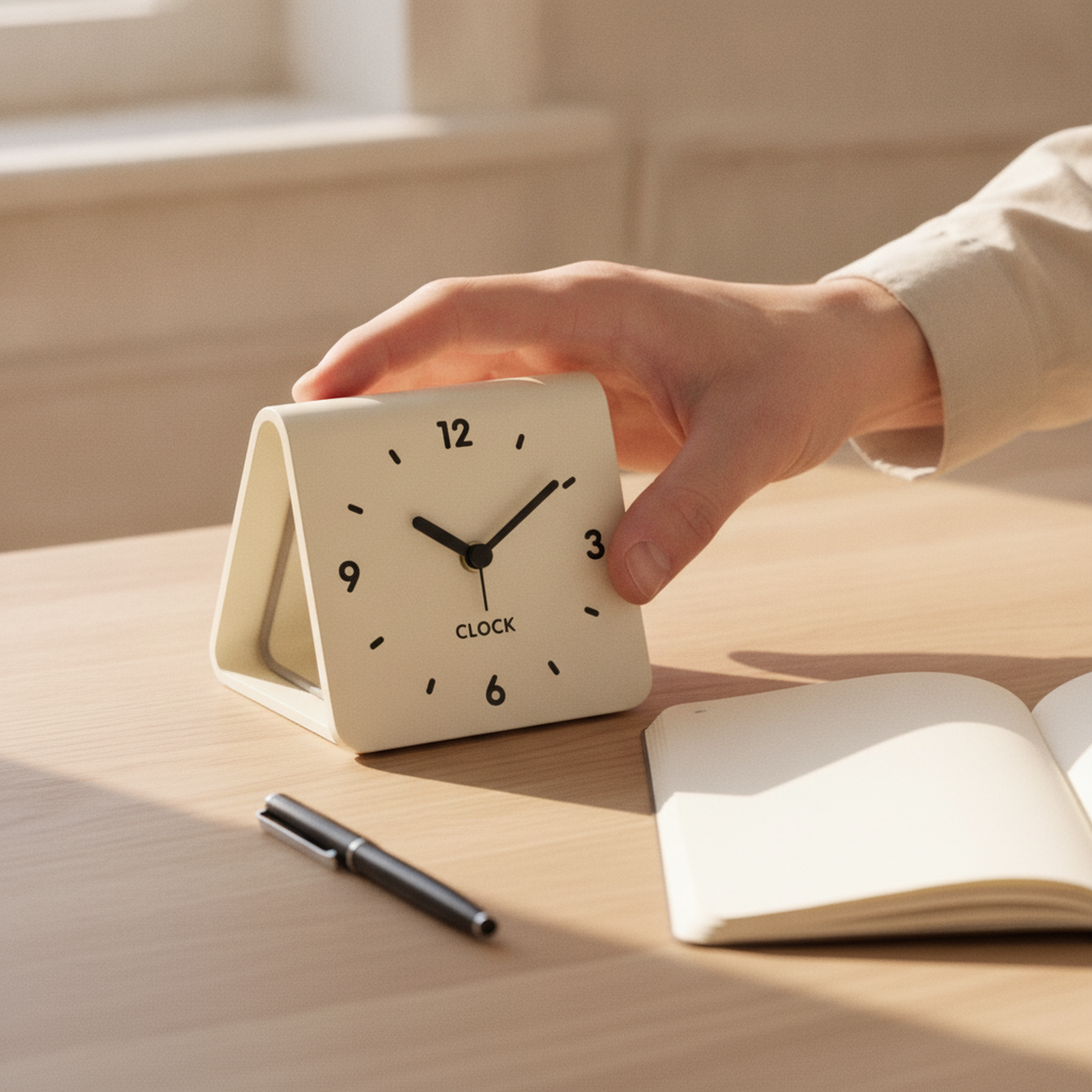 Hand setting the cream Fold™ clock on a desk beside an open notebook