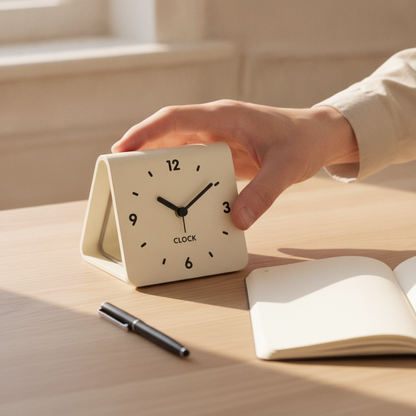 Hand setting the cream Fold™ clock on a desk beside an open notebook