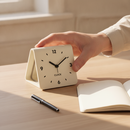Hand setting the cream Fold™ clock on a desk beside an open notebook
