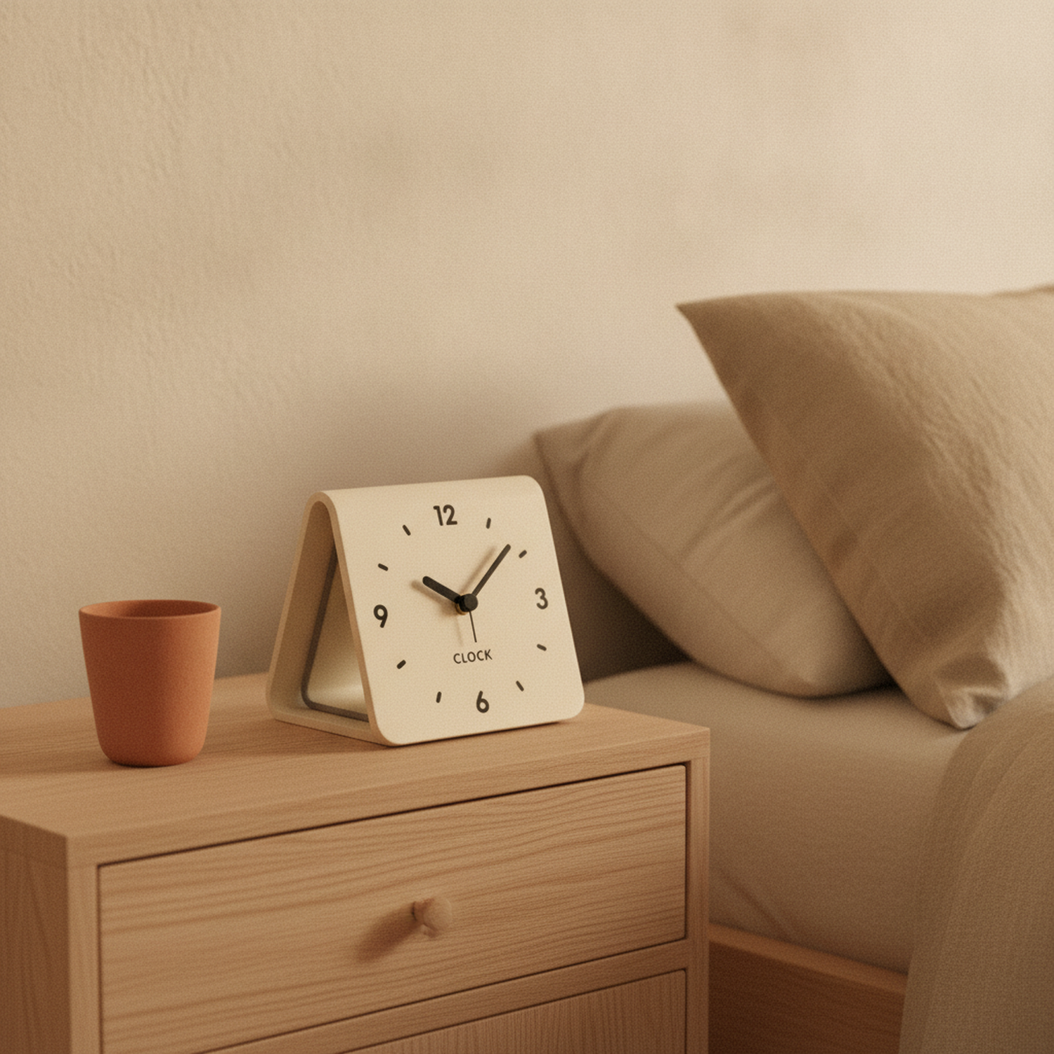 Cream Fold™ clock on an oak nightstand beside a clay cup and linen bed