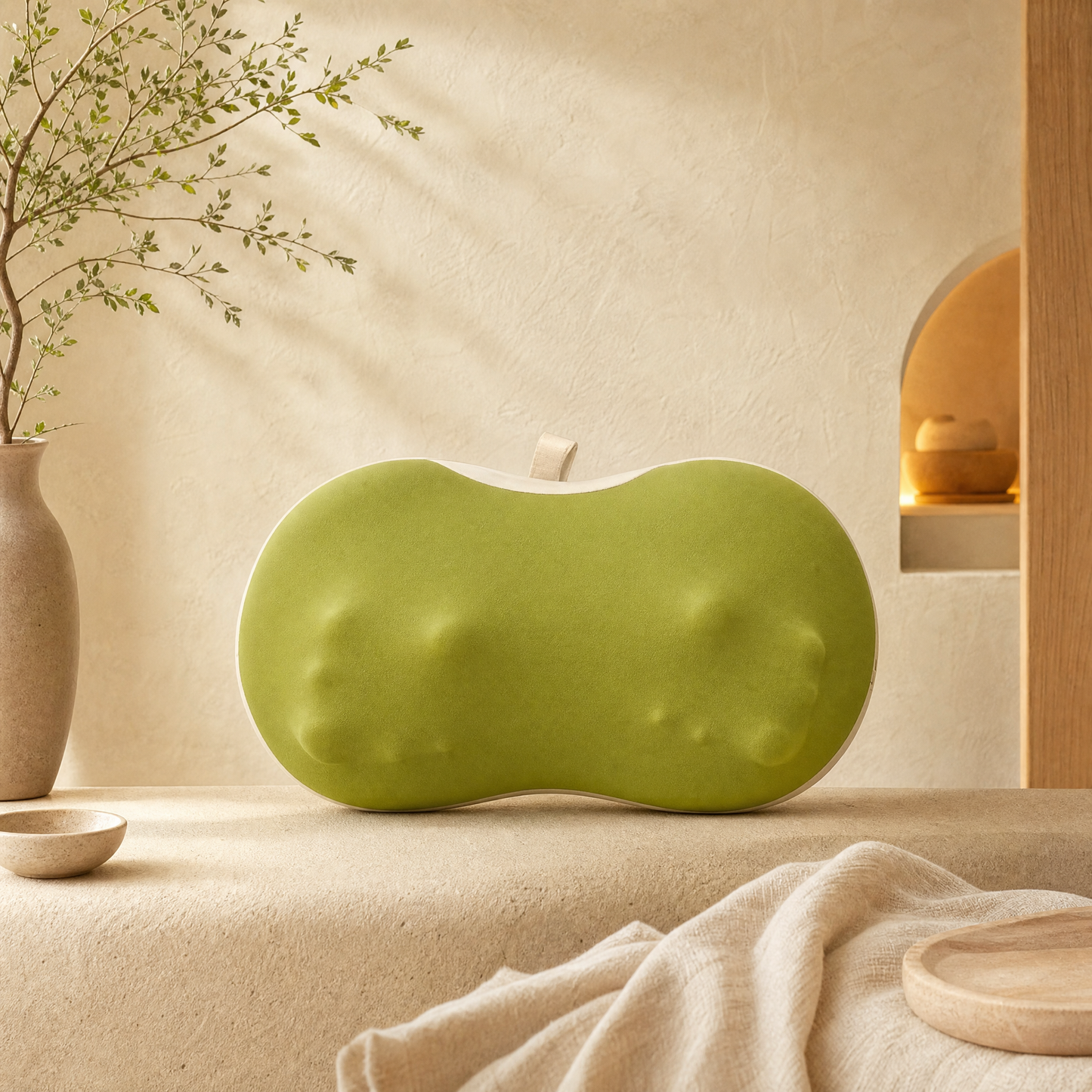 Knead heated massage pillow on warm plaster backdrop