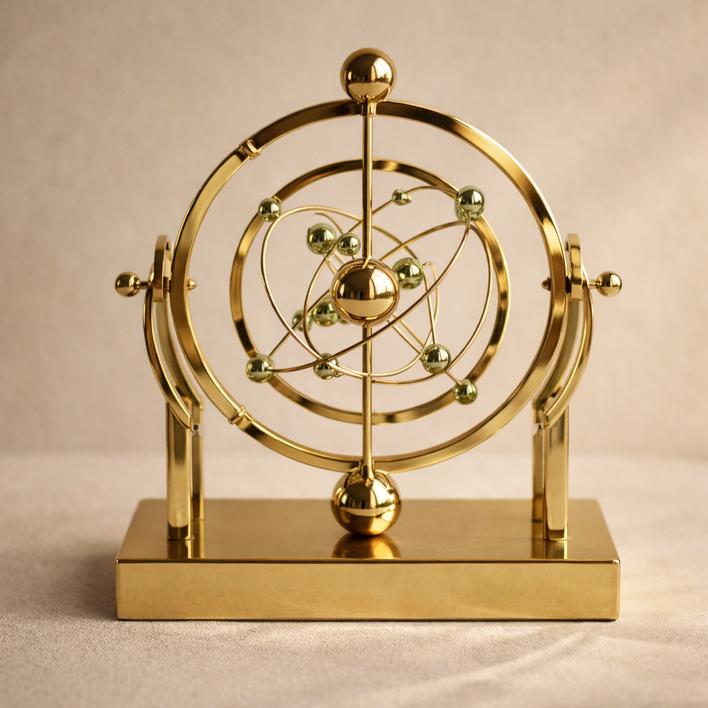Gyre polished gold kinetic armillary sculpture on warm cream plaster