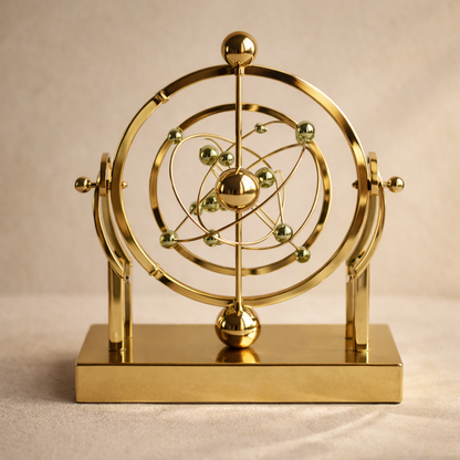 Gyre polished gold kinetic armillary sculpture on warm cream plaster