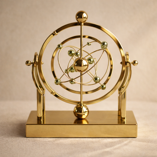Gyre polished gold kinetic armillary sculpture on warm cream plaster