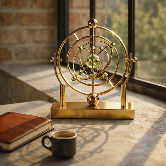 Gold kinetic sculpture on a concrete windowsill beside a leather notebook and espresso cup