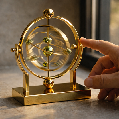 A fingertip setting the inner rings spinning, caught in motion blur