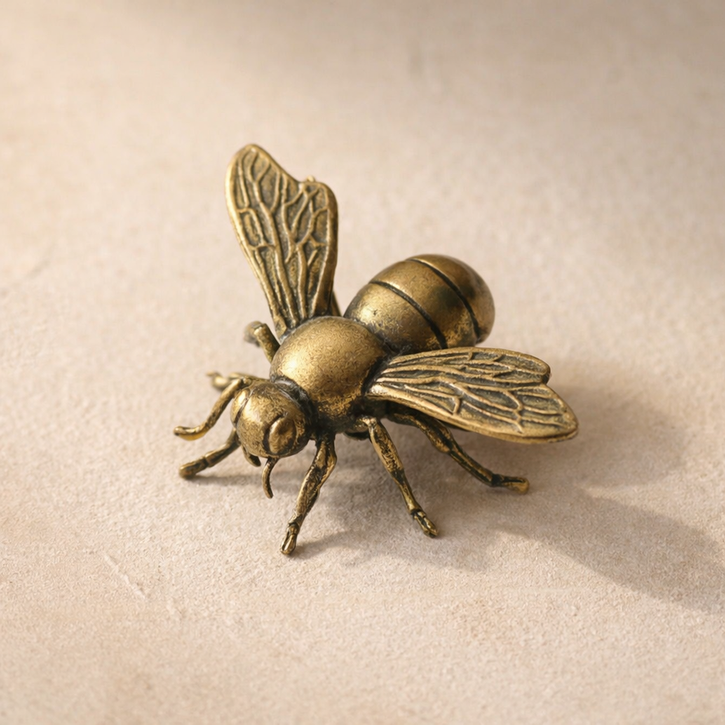 Hive brass bee, a 4.4 cm solid cast antiqued-brass honeybee, on warm cream plaster
