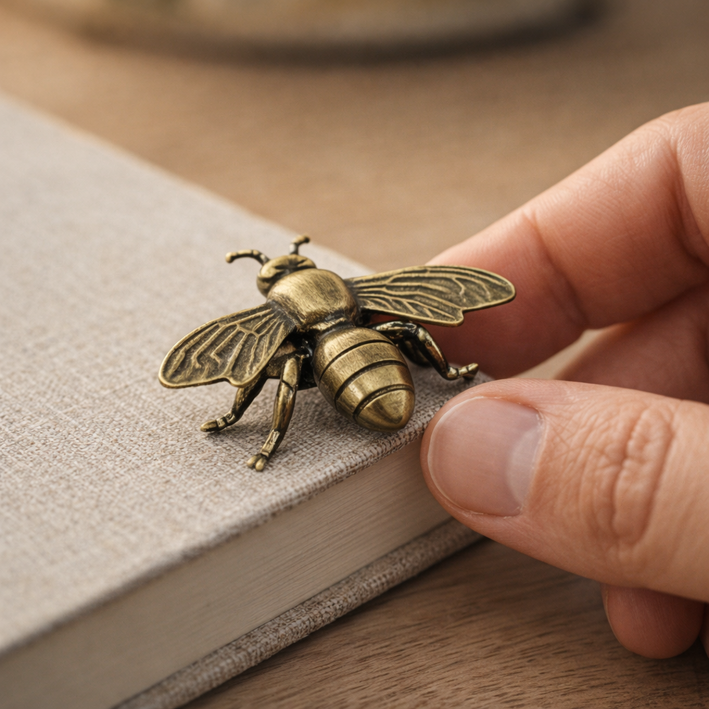 Two fingertips setting the tiny brass bee down on a linen-bound notebook, showing its true size