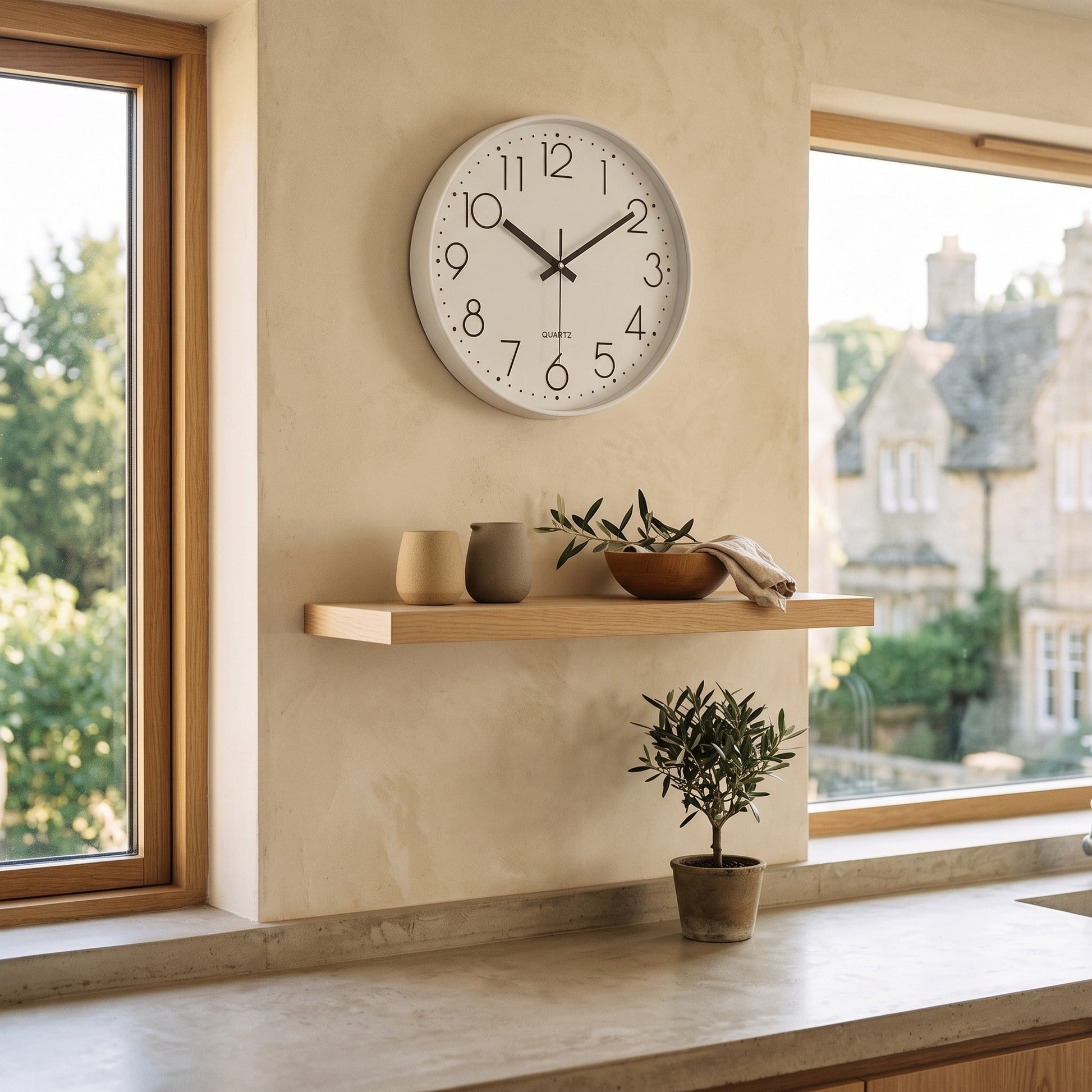 Hush Clock above an oak shelf in a warm minimal kitchen