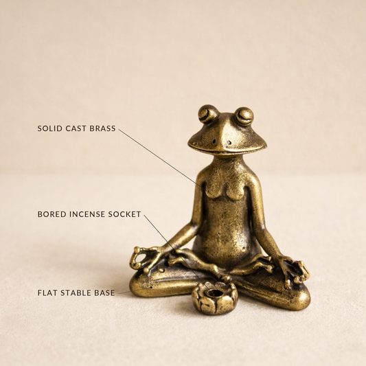 Bask brass frog detail callout: solid cast brass, bored incense socket, flat stable base