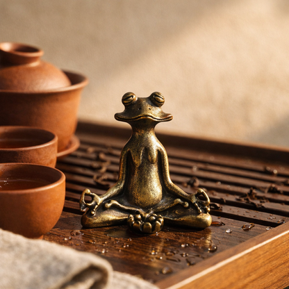 Bask brass frog sitting as a tea pet on a wet walnut tea tray beside a clay gaiwan and cups