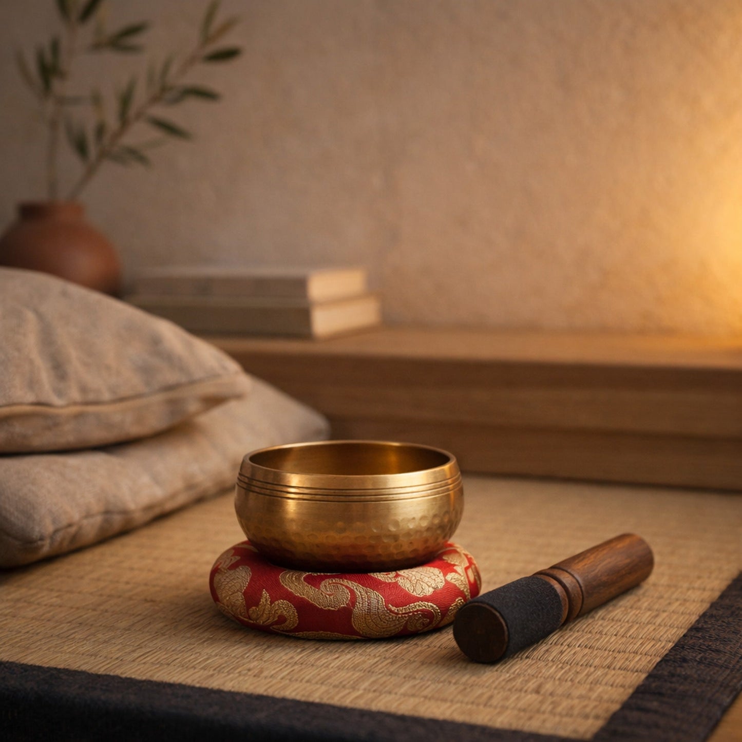 The 8.4 cm Chant™ bowl on its cushion on a tatami mat in a calm Japandi corner at dusk, linen cushion and olive branch behind